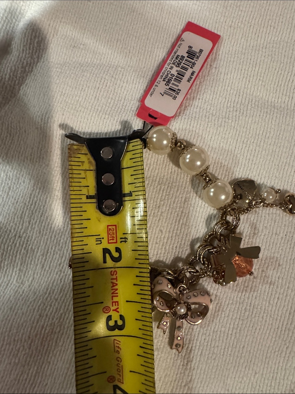 Betsey Johnson Gold-Tone Pearl Bracelet with Pink Crystal Charms / NWT - Picture 4 of 7